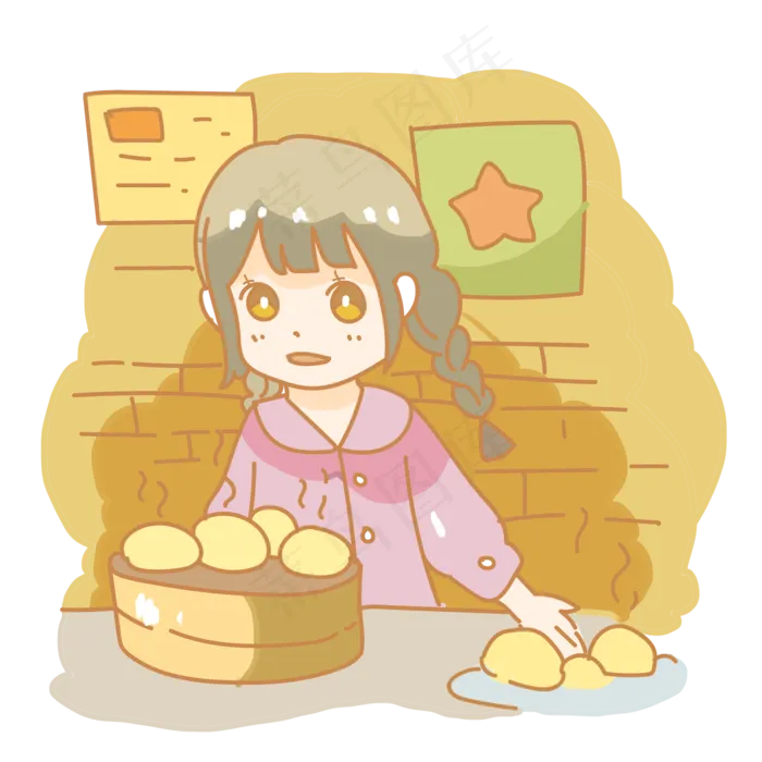 年代感厨房蒸馒头少女(2000X2000(DPI:299))psd模版下载