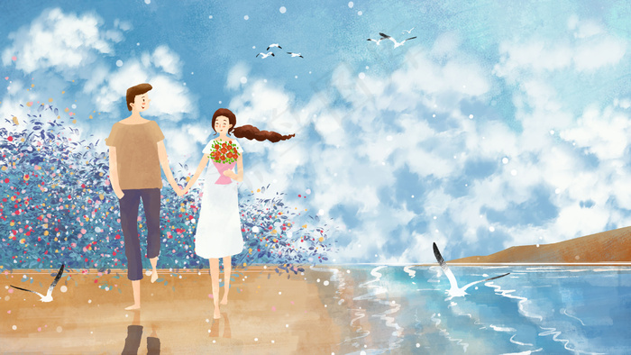 海边情侣散步温馨幸福风景(2880*1620px 300 dpi )psd模版下载