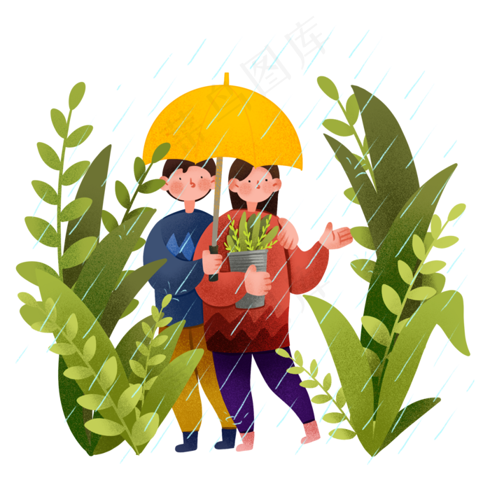 谷雨打伞的情侣插画