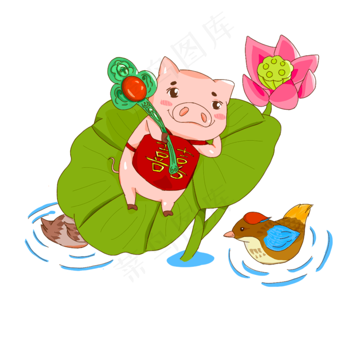卡通手绘躺在荷叶上的可爱小猪创(2000X2000(DPI:300))psd模版下载
