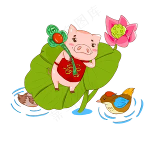 卡通手绘躺在荷叶上的可爱小猪创