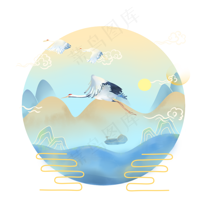 中国古典清丽山河仙鹤飞翔,免抠元素(2500X2500(DPI:300))psd模版下载