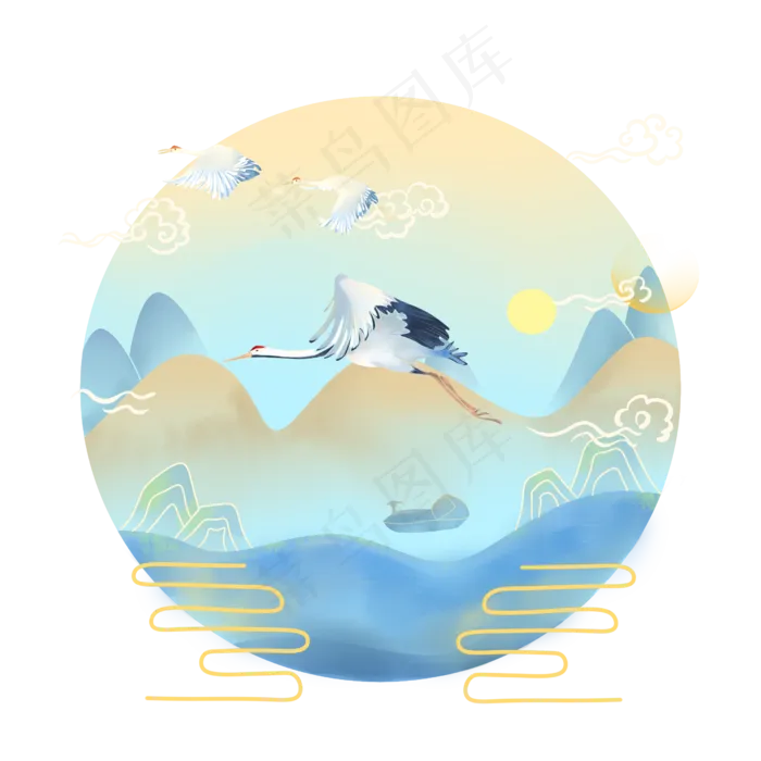 中国古典清丽山河仙鹤飞翔,免抠元素(2500X2500(DPI:300))psd模版下载