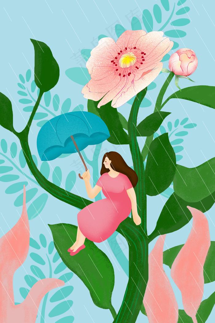 绿色小清新女孩与花风景插画