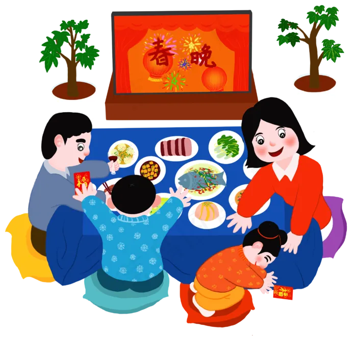 新年年夜饭团圆春晚手绘卡通人物,免抠元素(3000*3000px 300 dpi )psd模版下载
