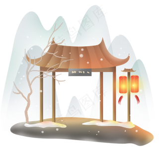 冬天亭子和大山,免抠元素