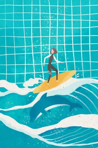 夏日女孩和海豚一起冲浪