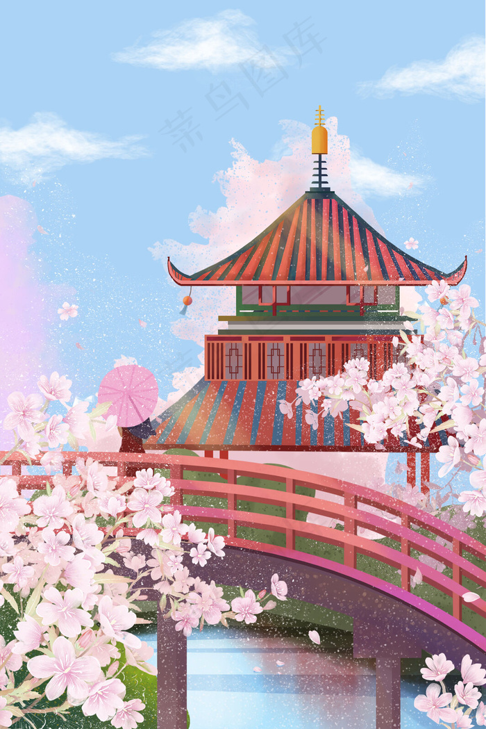 樱花节女孩在桥上欣赏风景(3545X5315(DPI:150))psd模版下载