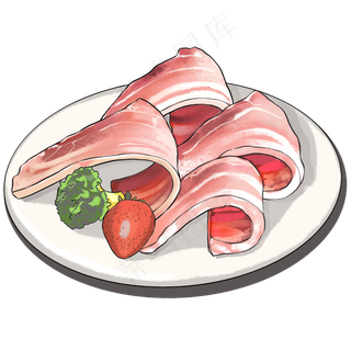 一盘有草莓和西兰花的五花肉片