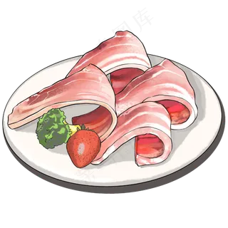 一盘有草莓和西兰花的五花肉片