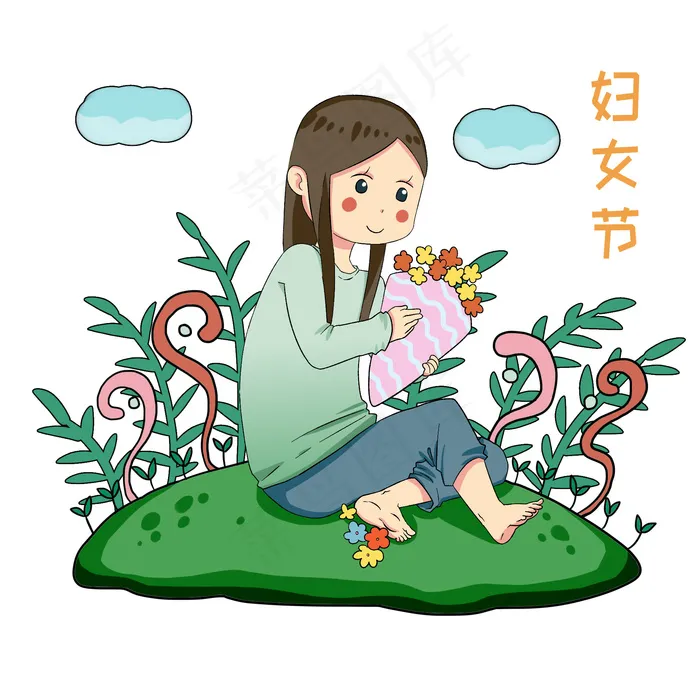 妇女节手拿鲜花女孩(2000X2000(DPI:350))psd模版下载