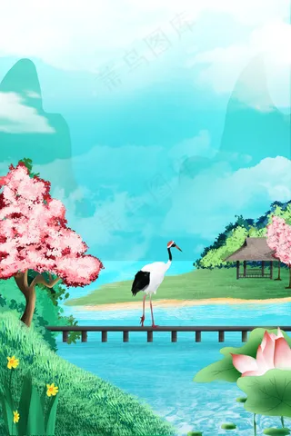 夏季荷花池塘樱花桥梁上的仙鹤竖图