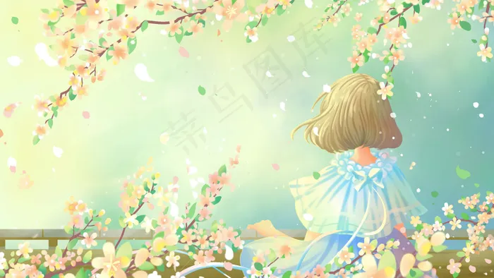 蓝色唯美卡通治愈小清新春景花季赏花配图