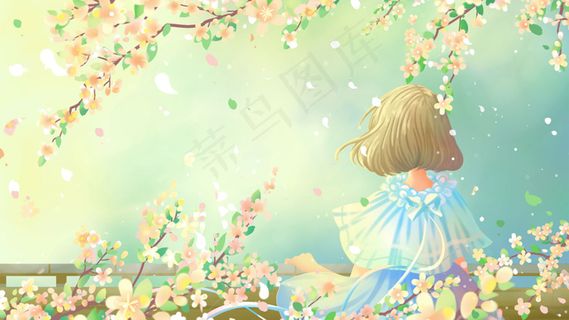 蓝色唯美卡通治愈小清新春景花季赏花配图