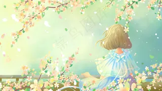 蓝色唯美卡通治愈小清新春景花季赏花配图