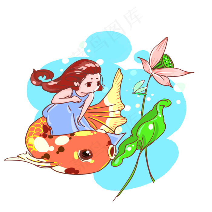 卡通手绘美丽女孩与锦鲤创意海报