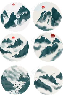 中国风水墨风格古风古典山水矢量