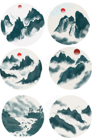 中国风水墨风格古风古典山水矢量