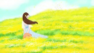 油菜花节卡通小清新在风中赏花的女孩唯美配