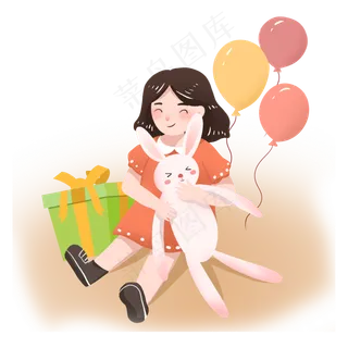 儿童节女孩抱兔子玩偶PNG