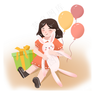 儿童节女孩抱兔子玩偶PNG