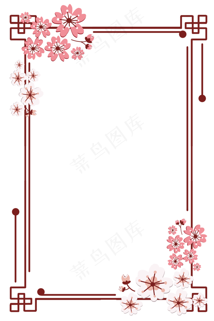 简约扁平剪纸粉白色樱花古风边框,免抠元素(2000X3000(DPI:300))psd模版下载