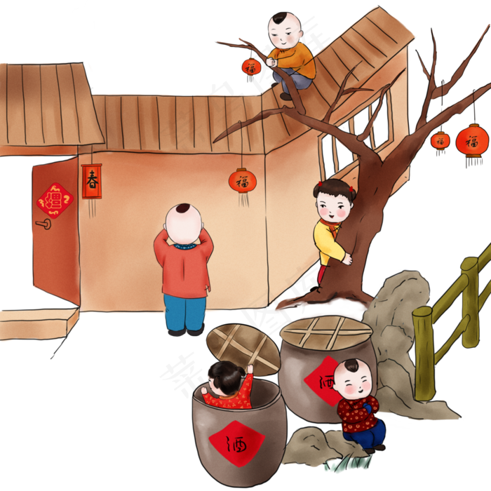 中国风手绘传统习俗躲猫猫