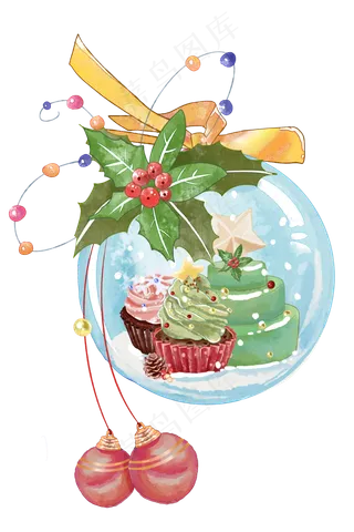 圣诞蛋糕水晶球水彩,免抠元素