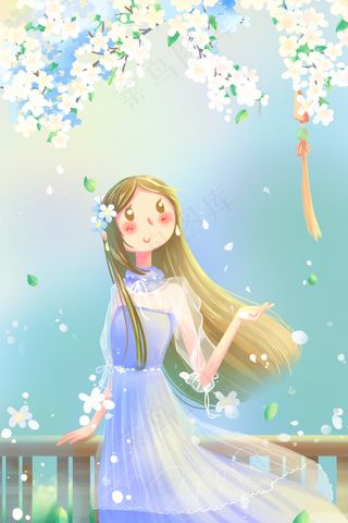 蓝色唯美卡通治愈小清新春季夏季花卉配图