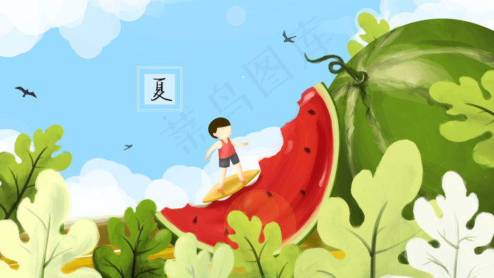 瓜田里小人在一块西瓜上冲浪创意插画