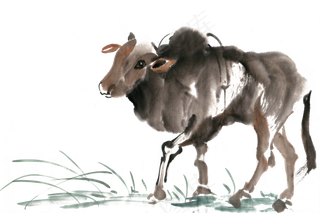 勤劳的牛水墨画PNG免抠素材