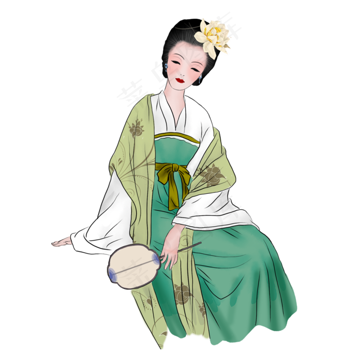 仕女图古风坐着的女人素材(2000X2000(DPI:300))psd模版下载