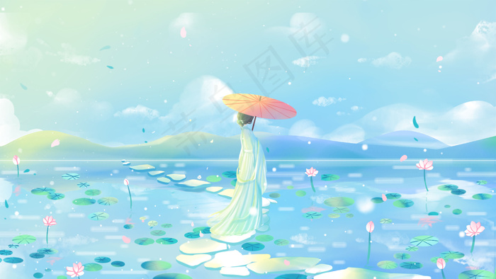 蓝色唯美卡通治愈清新夏季湖面清凉风景配图(2880*1620px 300 dpi )