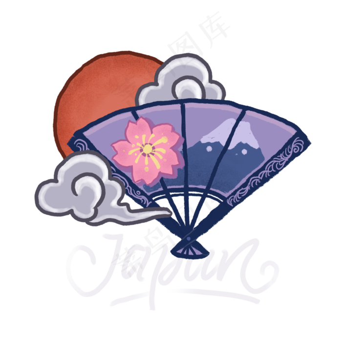 扇子涂鸦东方题本樱花PNG富士山红,免抠元素