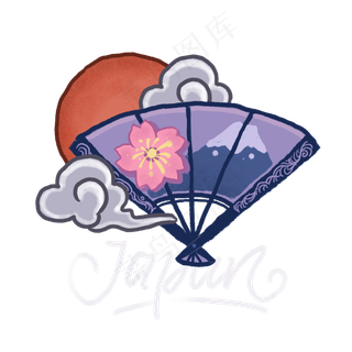 扇子涂鸦东方题本樱花PNG富士山红,免抠元素