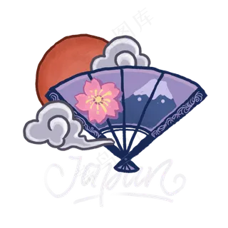 扇子涂鸦东方题本樱花PNG富士山红,免抠元素