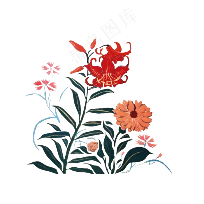 中国水墨红百合菊花写意工笔PNG花,免抠元素(2000X2000(DPI:300))psd模版下载
