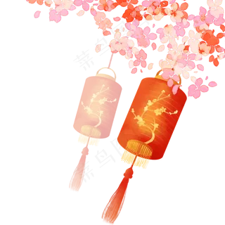 花枝新年长灯笼,免抠元素