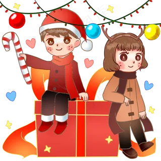 圣诞节装饰房间的男孩女孩,免抠元素