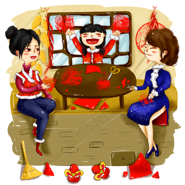手绘阖家团圆剪窗花春节过年节日,免抠元素