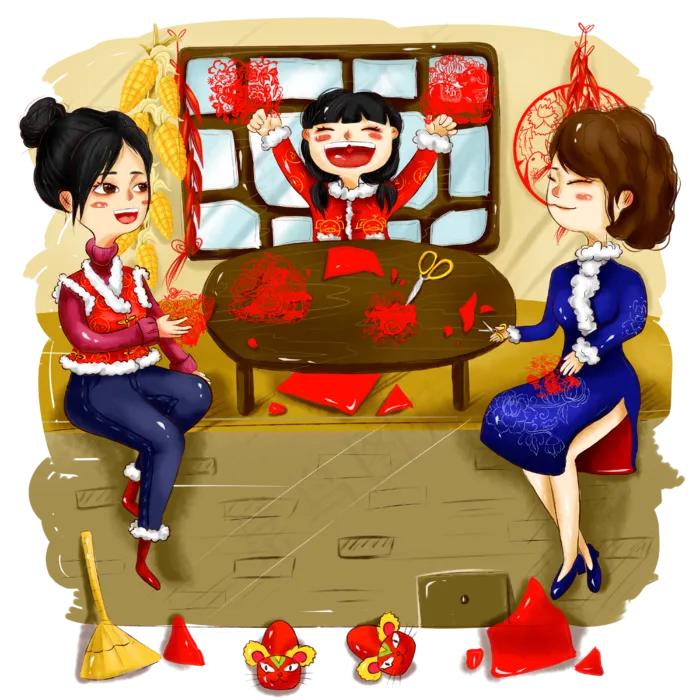手绘阖家团圆剪窗花春节过年节日,免抠元素(4000X4000(DPI:300))psd模版下载