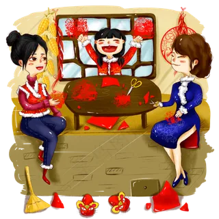 手绘阖家团圆剪窗花春节过年节日,免抠元素