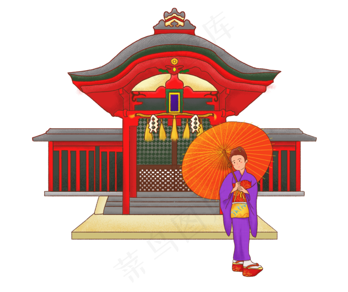 手绘小女孩日本寺庙旅游打卡