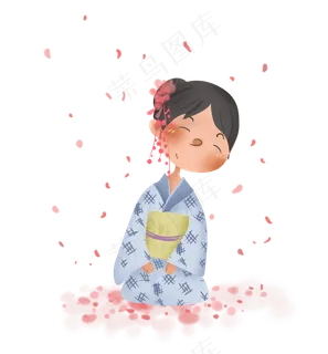 落樱下的和服少女