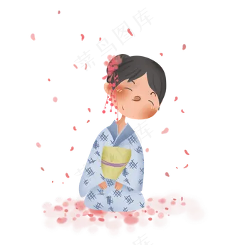 落樱下的和服少女