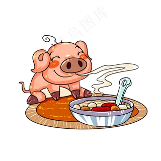 传统节日小猪闻香味腊八粥手绘插,免抠元素