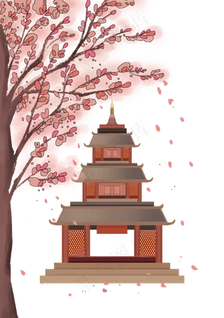 手绘扁平风格寺庙小景