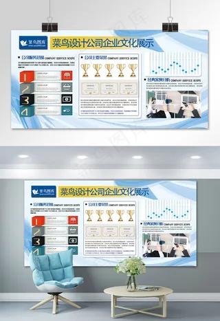 文化墙蓝色创意简约风公司文化介绍发展历程展板