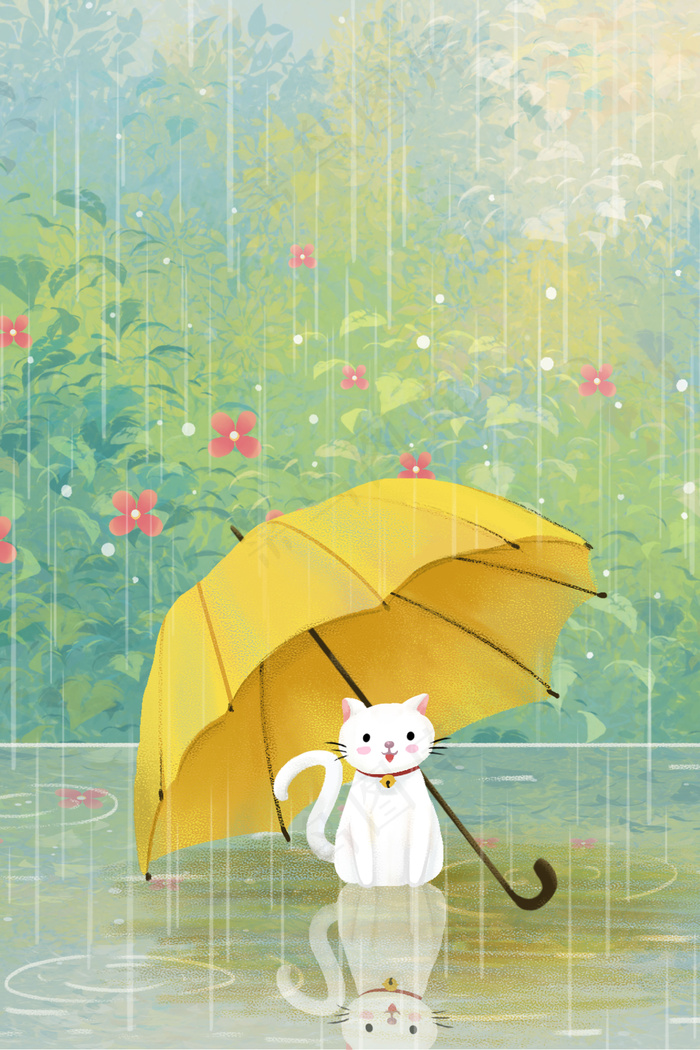 雨水节气之雨伞与猫治愈系场景(3545*5315px 300 dpi )psd模版下载