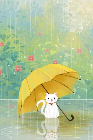 雨水节气之雨伞与猫治愈系场景